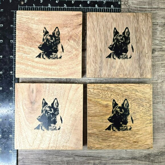 Handcrafted Wooden Coasters Set Of 4 With German Shepherd Dog GSD Print 4x4 - Picture 2 of 6